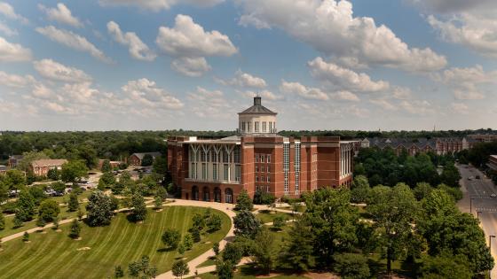 View of William T. Young Library from above on a sunny day