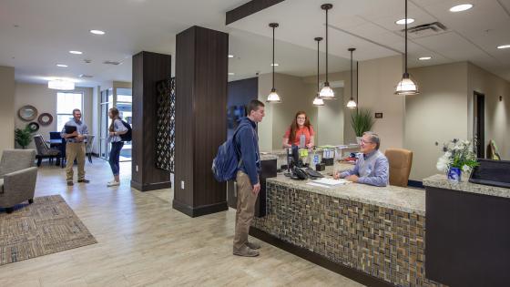 Front Desk and lobby area at Lewis Hall