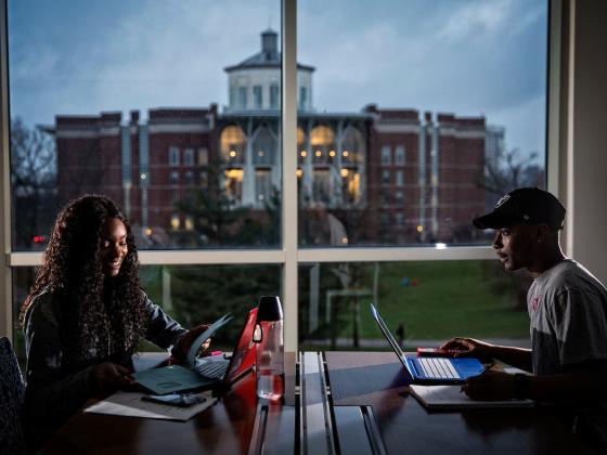 Two students in study space in Chellgren Hall