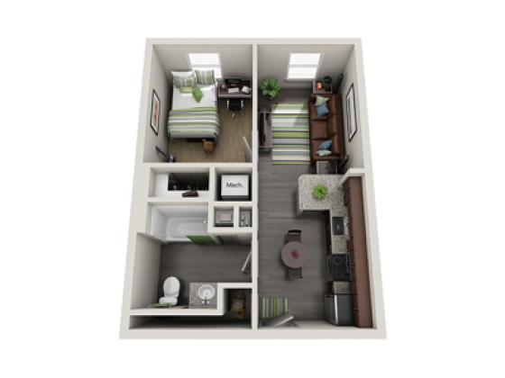Diagram of 1 bedroom apartment in University Flats