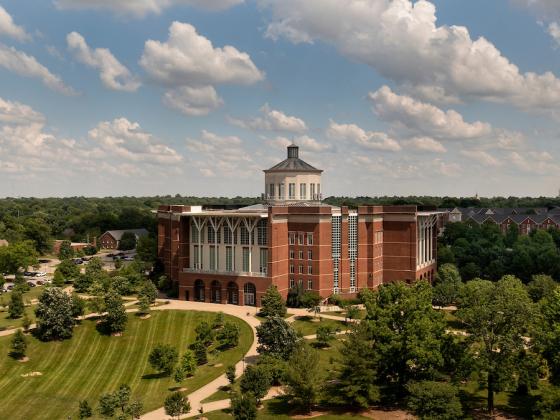 View of William T. Young Library from above on a sunny day