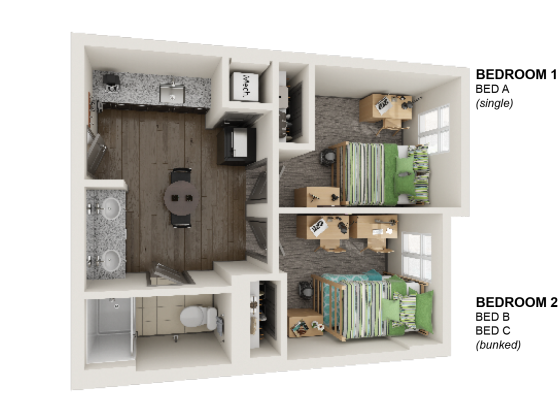Diagram for Three-Person Modified Two-Bedroom Suite 